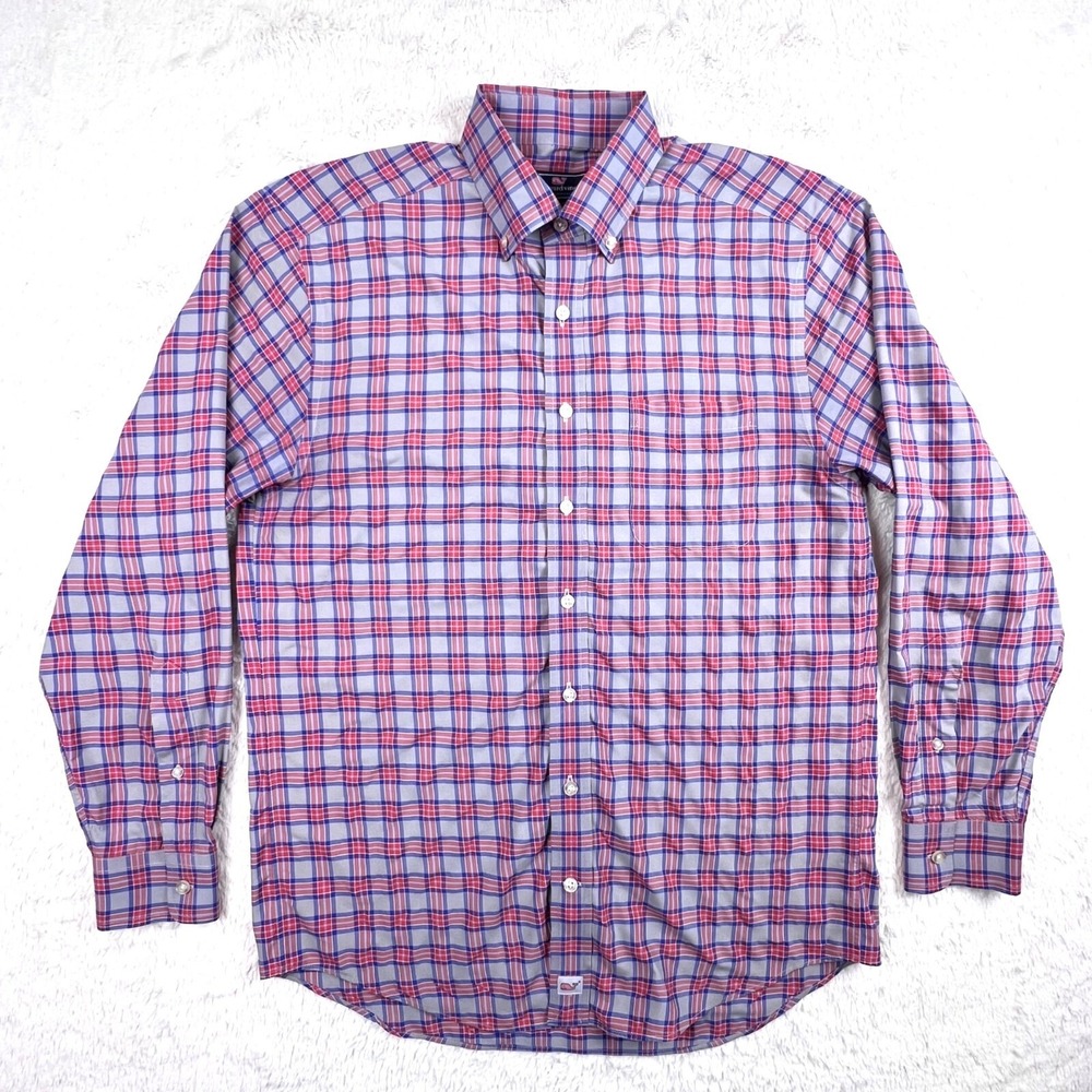 Vineyard Vines Murray Shirt Men's MEDIUM‎ Red Blue Plaid Check Performance